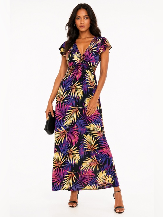 APRICOT Dresses & Skirts - NWT Tropical Print V-Neck Maxi Dress in Black with Pink & Yellow Leaves